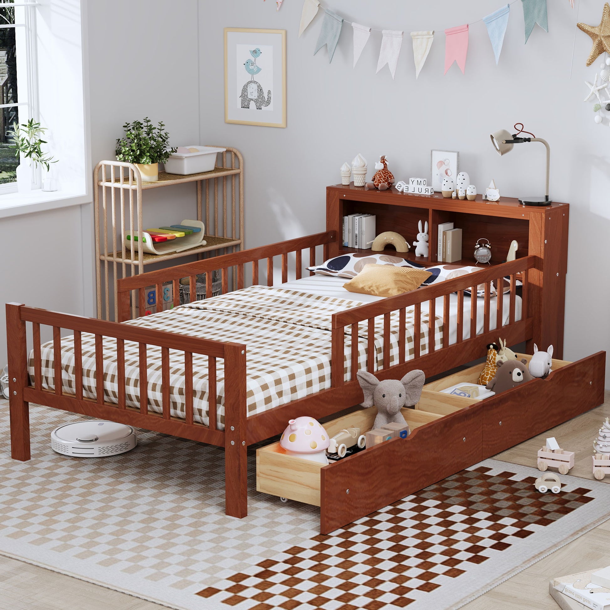 Bed With Headboard Storage Rack, 2 Under Bed Drawers, 3 Side Guardrails For Safety - The Sleep Loft - Online Mattress Showroom NYC