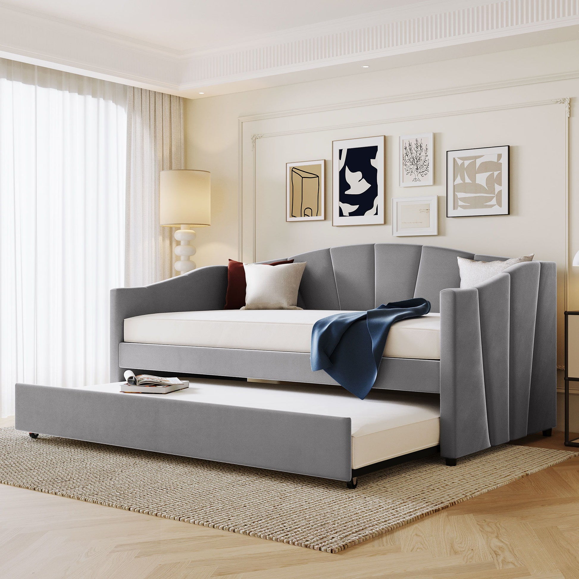 Upholstered Daybed Sofa Bed With Trundle Bed And Wood Slat - The Sleep Loft - Online Mattress Showroom NYC