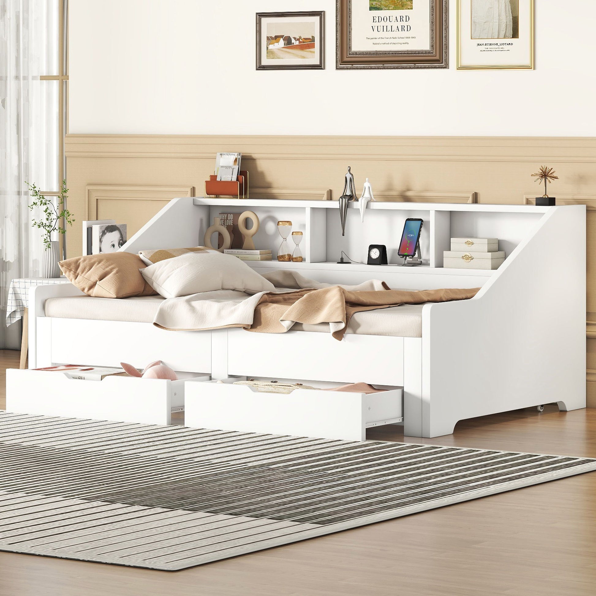 Daybed Frame With Storage Bookcases, 2 Drawers, Charging Station - The Sleep Loft - Online Mattress Showroom NYC