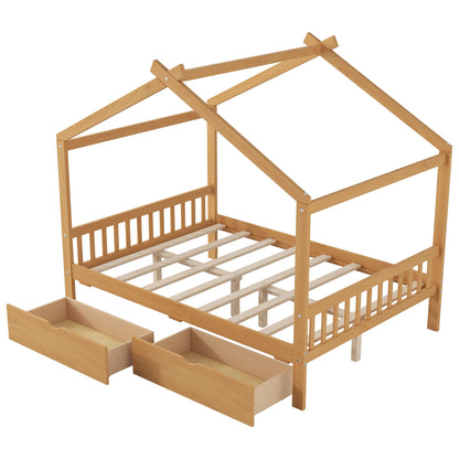 House Style Platform Bed With Headboard, Footboard, 2 Drawers, And Roof Design - The Sleep Loft - Online Mattress Showroom NYC