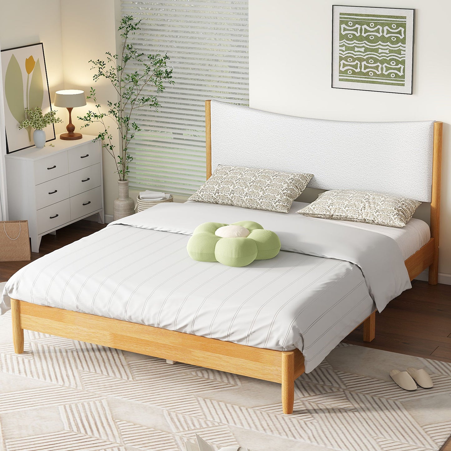 Queen Size Rubber Wooden, Solid Wooden Bed With Teddy Velvet Cushion Upholstered Headboard, Enhanced By Support Feet - Natural - The Sleep Loft - Online Mattress Showroom NYC