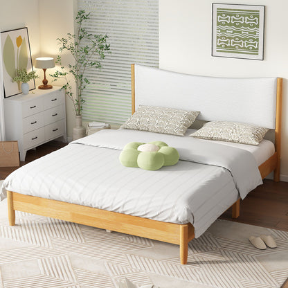 Queen Size Rubber Wooden, Solid Wooden Bed With Teddy Velvet Cushion Upholstered Headboard, Enhanced By Support Feet - Natural - The Sleep Loft - Online Mattress Showroom NYC