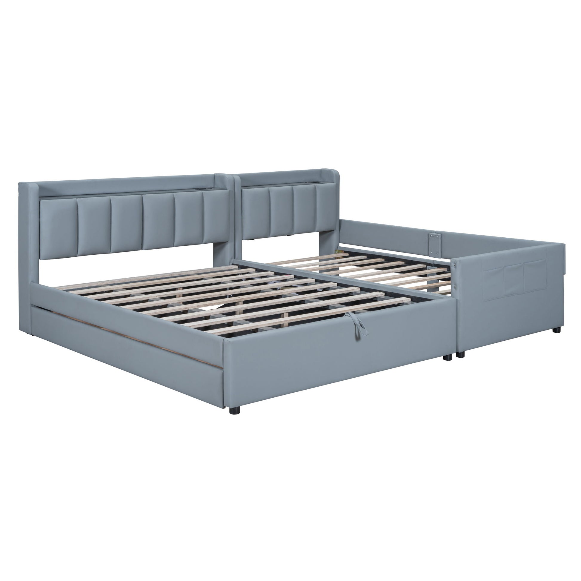 Upholstered Mother & Child Bed With Hydraulic Storage System, Drawer Box, Bedhead Storage Shelf And 2 Pairs Of Sockets & USB Ports - The Sleep Loft - Online Mattress Showroom NYC