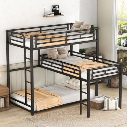 L-Shaped Triple Twin Size Bunk Bed, Industrial Design With Integrated Ladder And Full Length Guardrails - Black - The Sleep Loft - Online Mattress Showroom NYC