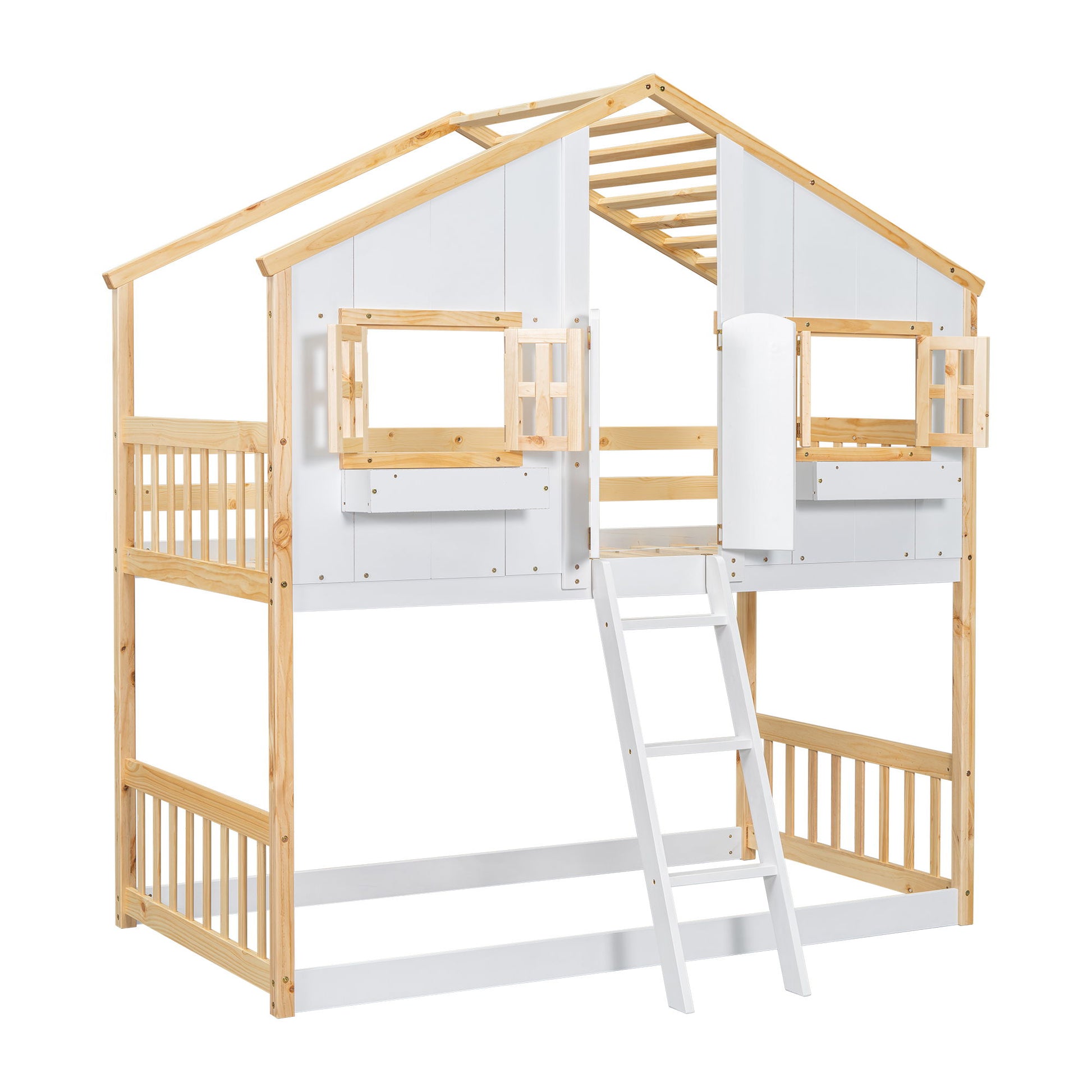 House Bunk Bed With Roof, Window, Window Box, Door, With Safety Guardrails And Ladder - The Sleep Loft - Online Mattress Showroom NYC