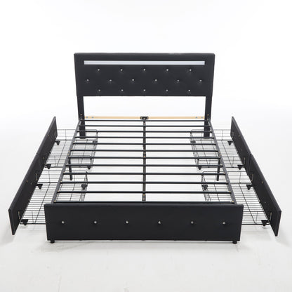 Upholstered Bed Frame With LED Lights, 4 Storage Drawers, Charging Station - The Sleep Loft - Online Mattress Showroom NYC