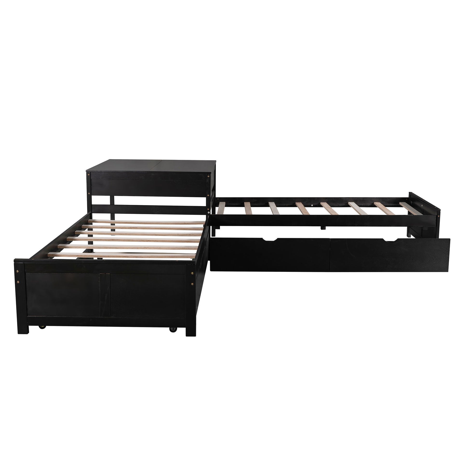 L Shaped Platform Bed With Trundle And Drawers Linked With Built In Desk - The Sleep Loft - Online Mattress Showroom NYC