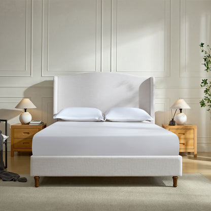 Hannah - Upholstered Wingback Bed Size / Tall Headboard Upholstered King Bed / Premium Textured Canvas Chenille Look / Minimalist Designs / No Box Spring Needed - The Sleep Loft - Online Mattress Showroom NYC