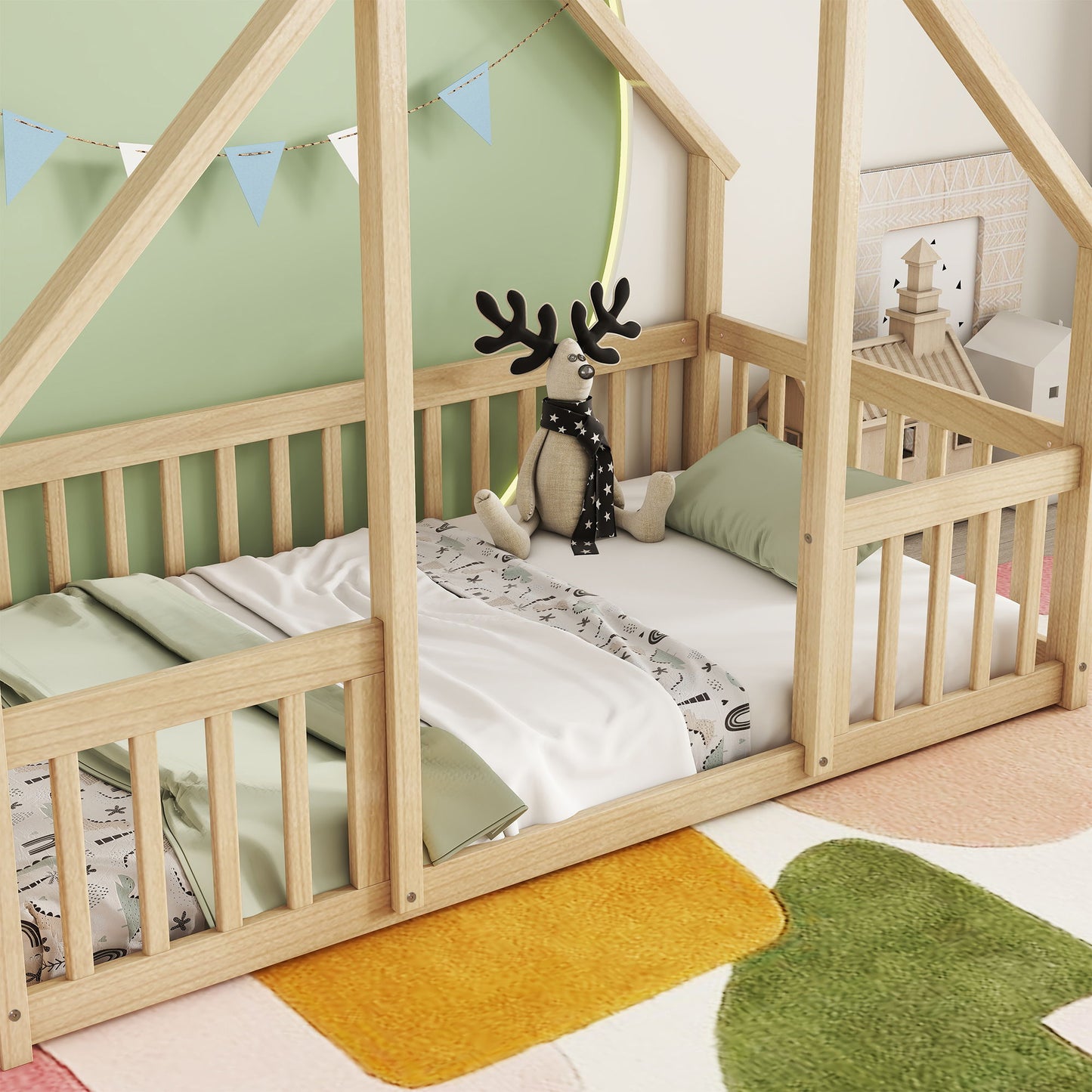 Wood House-Shaped Floor Bed With Fence, Guardrails - The Sleep Loft - Online Mattress Showroom NYC
