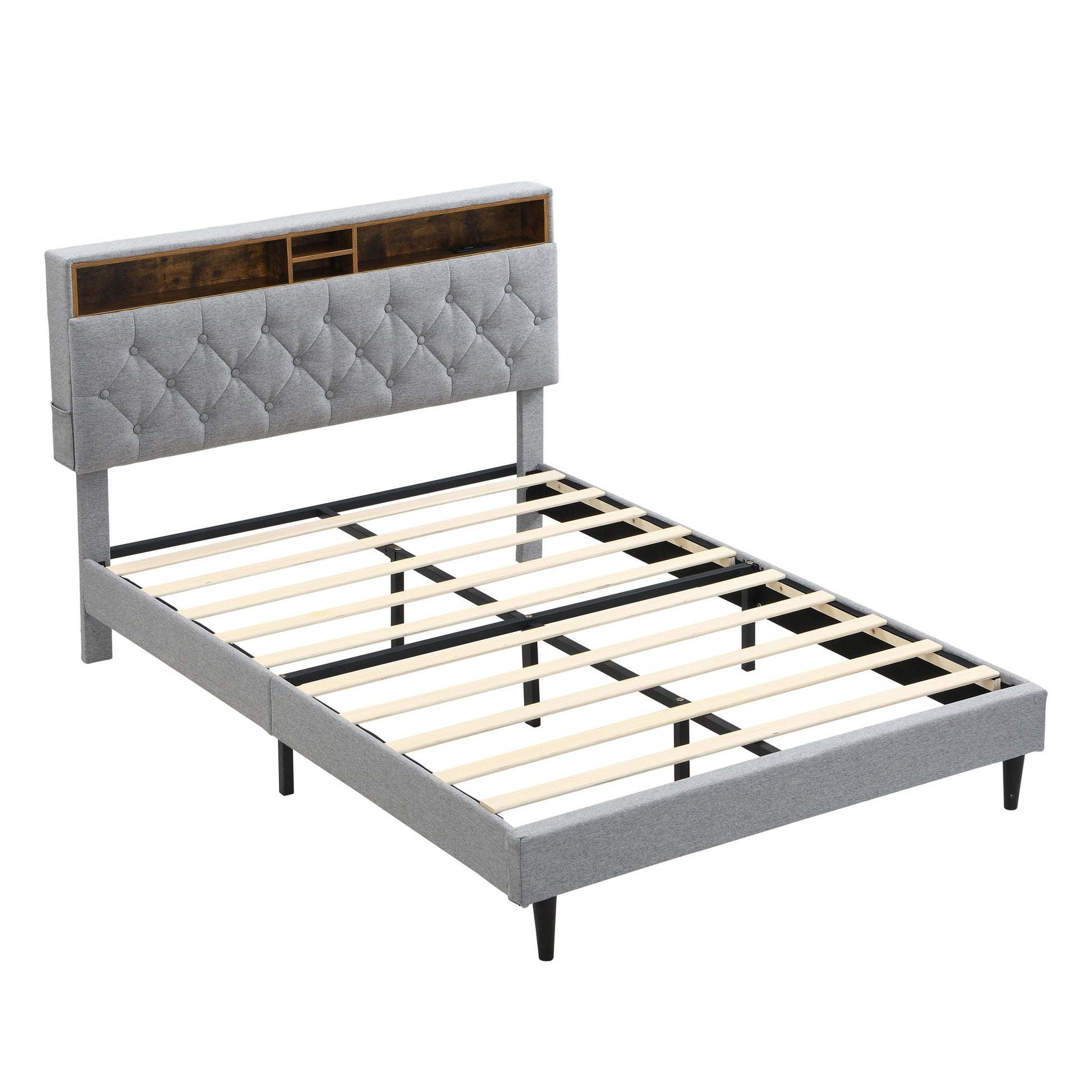 Modern Upholstered Platform Bed Frame With Button Tufted Headboard And USB Ports - The Sleep Loft - Online Mattress Showroom NYC