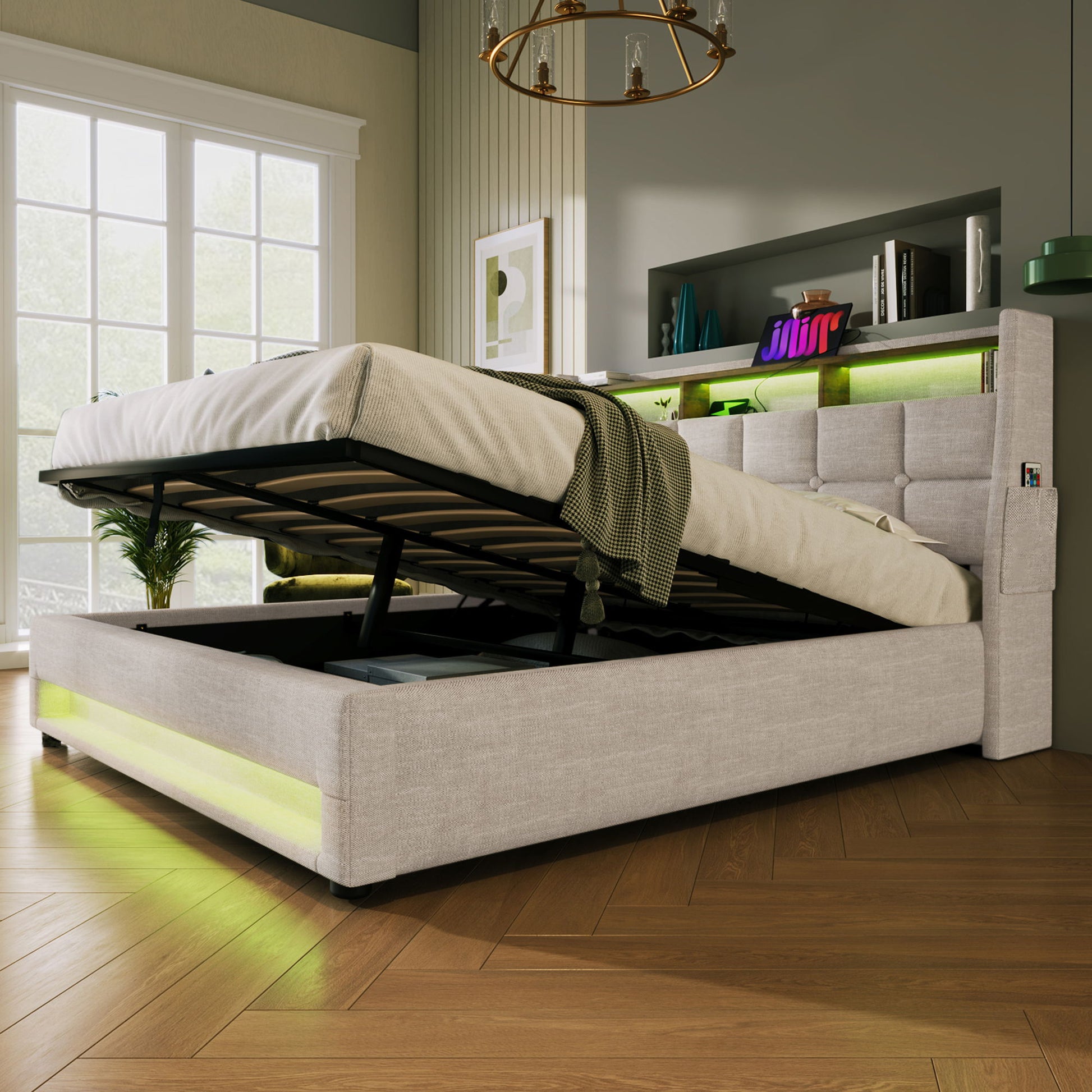 Upholstered Platform Bed With A Hydraulic Storage System, LED And USB Charging (Without Mattress) - The Sleep Loft - Online Mattress Showroom NYC