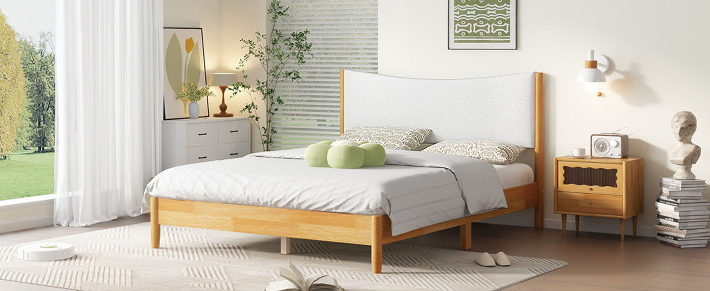 Queen Size Rubber Wooden, Solid Wooden Bed With Teddy Velvet Cushion Upholstered Headboard, Enhanced By Support Feet - Natural - The Sleep Loft - Online Mattress Showroom NYC