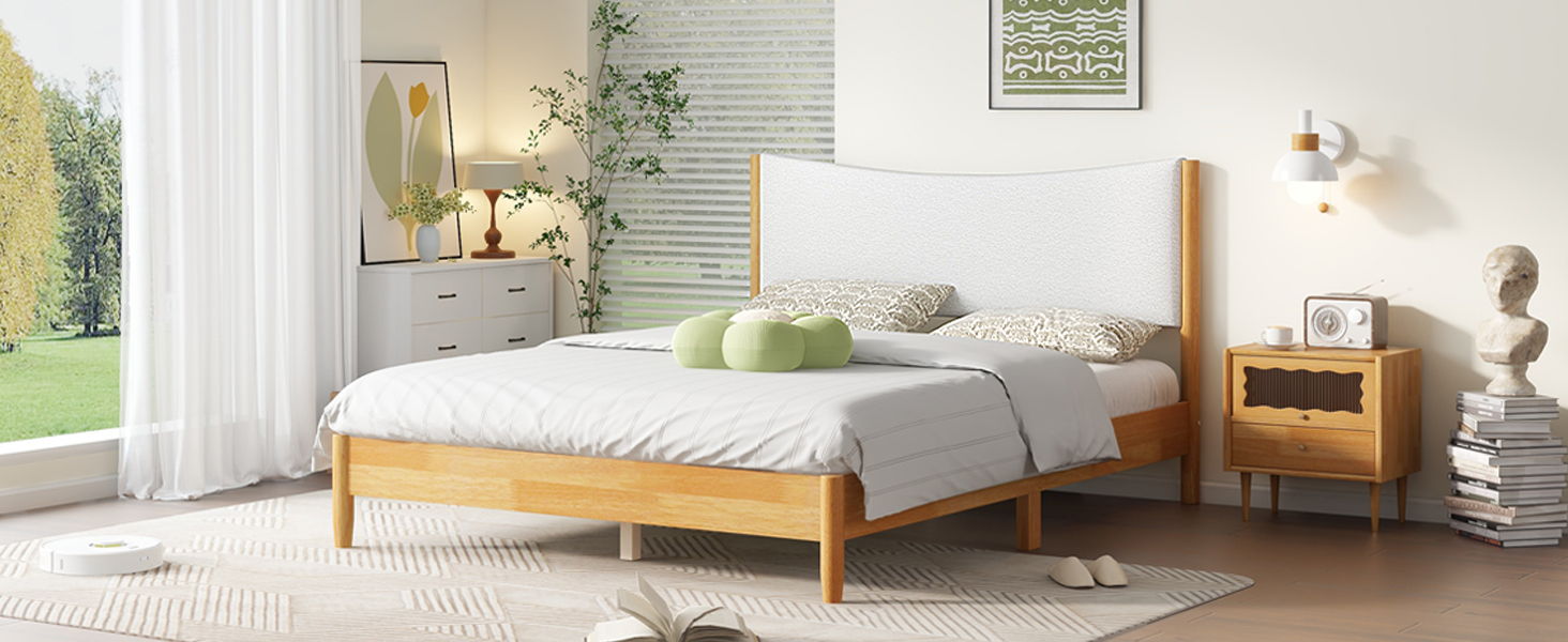 Queen Size Rubber Wooden, Solid Wooden Bed With Teddy Velvet Cushion Upholstered Headboard, Enhanced By Support Feet - Natural - The Sleep Loft - Online Mattress Showroom NYC