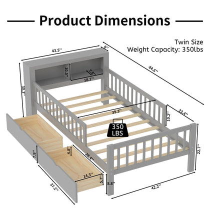 Bed With Headboard Storage Rack, 2 Under Bed Drawers, 3 Side Guardrails For Safety - The Sleep Loft - Online Mattress Showroom NYC