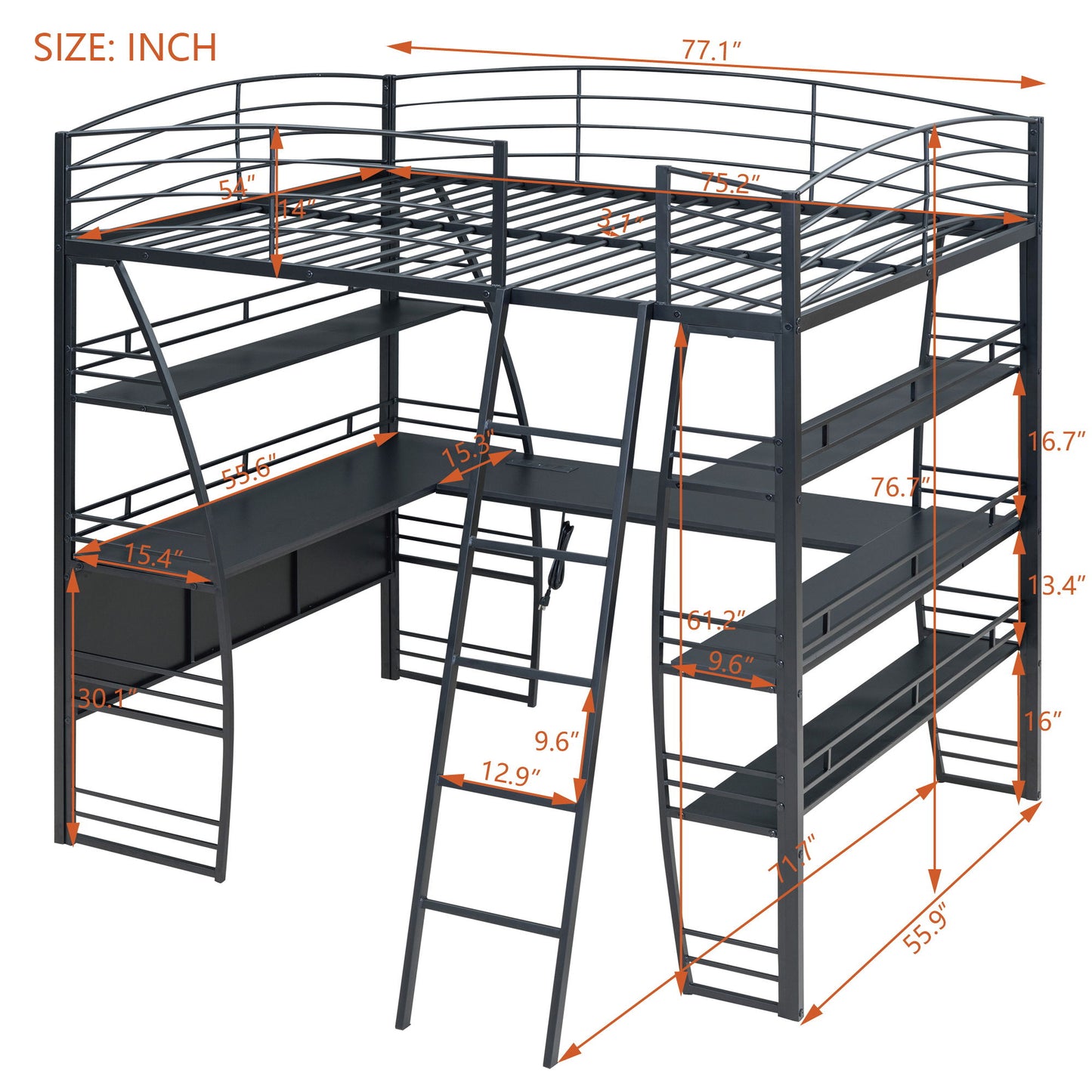 Loft Bed With 4 Layers Of Shelves And L-Shaped Desk, Stylish Metal Frame Bed With A Set Of Sockets, USB Ports And And Wireless Charging - The Sleep Loft - Online Mattress Showroom NYC