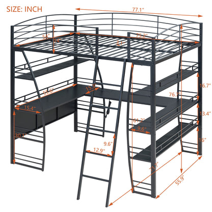 Loft Bed With 4 Layers Of Shelves And L-Shaped Desk, Stylish Metal Frame Bed With A Set Of Sockets, USB Ports And And Wireless Charging - The Sleep Loft - Online Mattress Showroom NYC