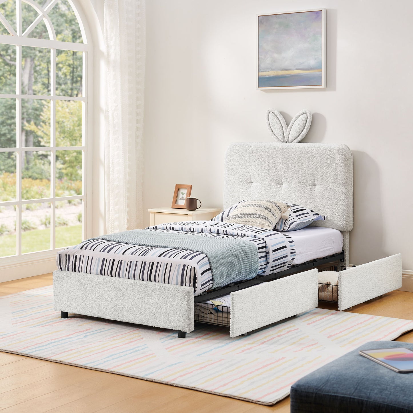 Upholstered Bed With Oversized Rabbit Ear Headboard, LED Lights & 4 Storage Drawers - The Sleep Loft - Online Mattress Showroom NYC