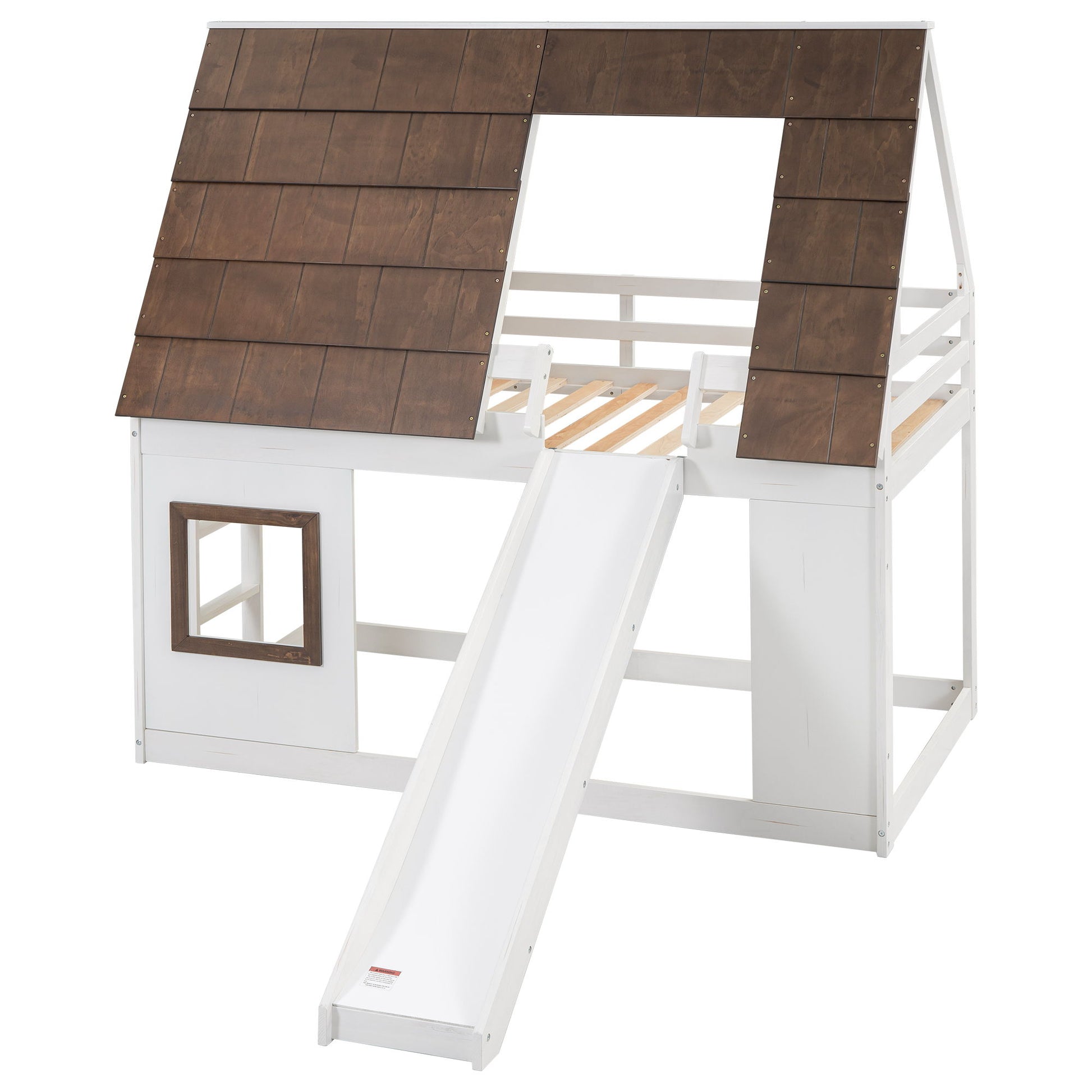 Wood Twin Size House Bunk Bed With Roof, Ladder And Slide - White / Brown - The Sleep Loft - Online Mattress Showroom NYC