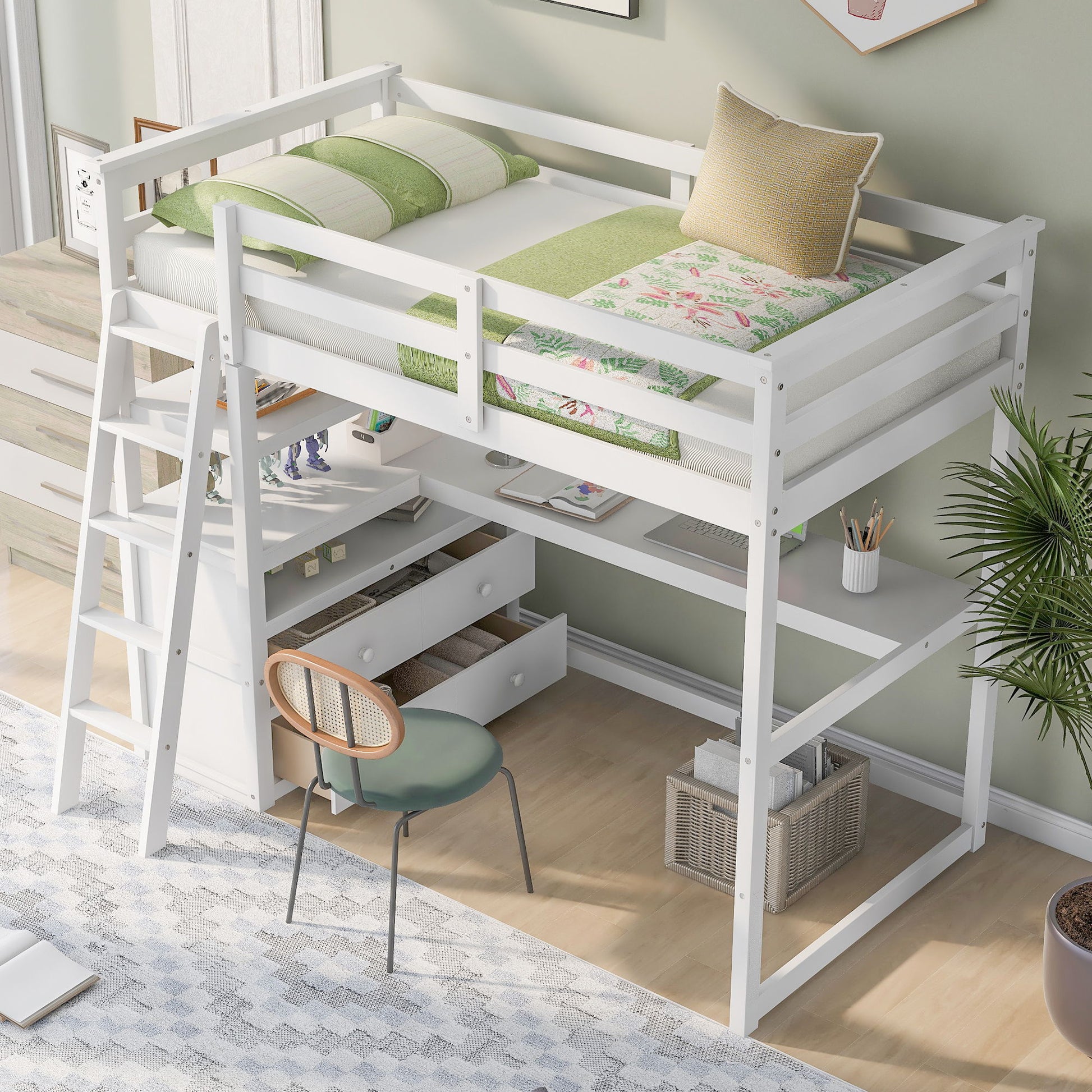 Modern Loft Bed With Built In Desk, Shelves, And 2 Drawers - The Sleep Loft - Online Mattress Showroom NYC