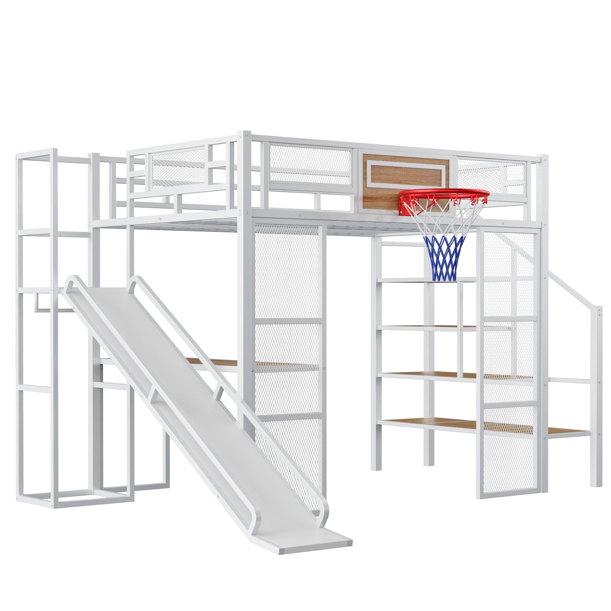 Loft Bed With Built In Desk, Open Wardrobe, Basketball Hoop, Slide And Staircase - The Sleep Loft - Online Mattress Showroom NYC