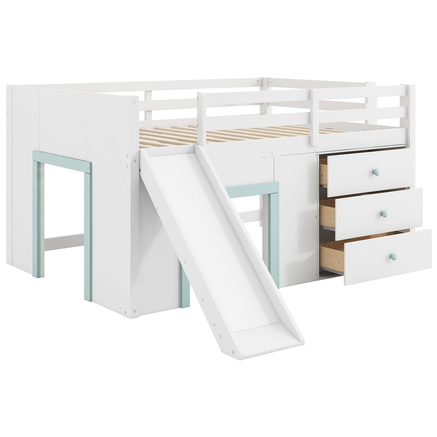Modern Low Loft Bed With Slide, 3 Storage Drawers, And 2 Doors - The Sleep Loft - Online Mattress Showroom NYC