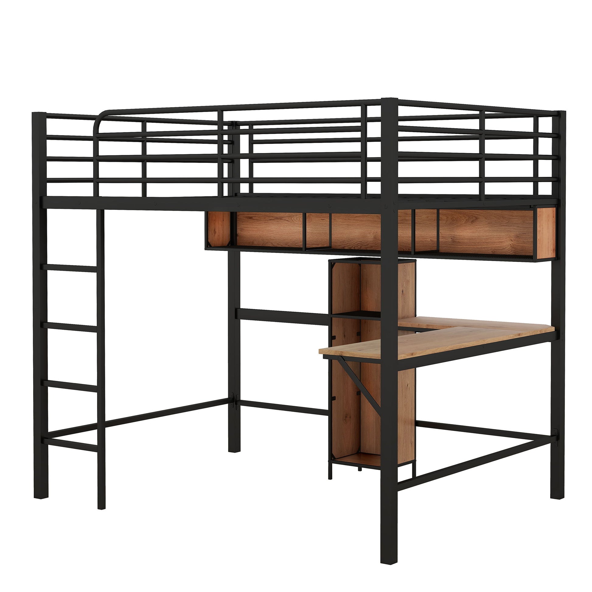 Full Size & Loft Bed With L-Shaped Desk And Shelves - Black - The Sleep Loft - Online Mattress Showroom NYC