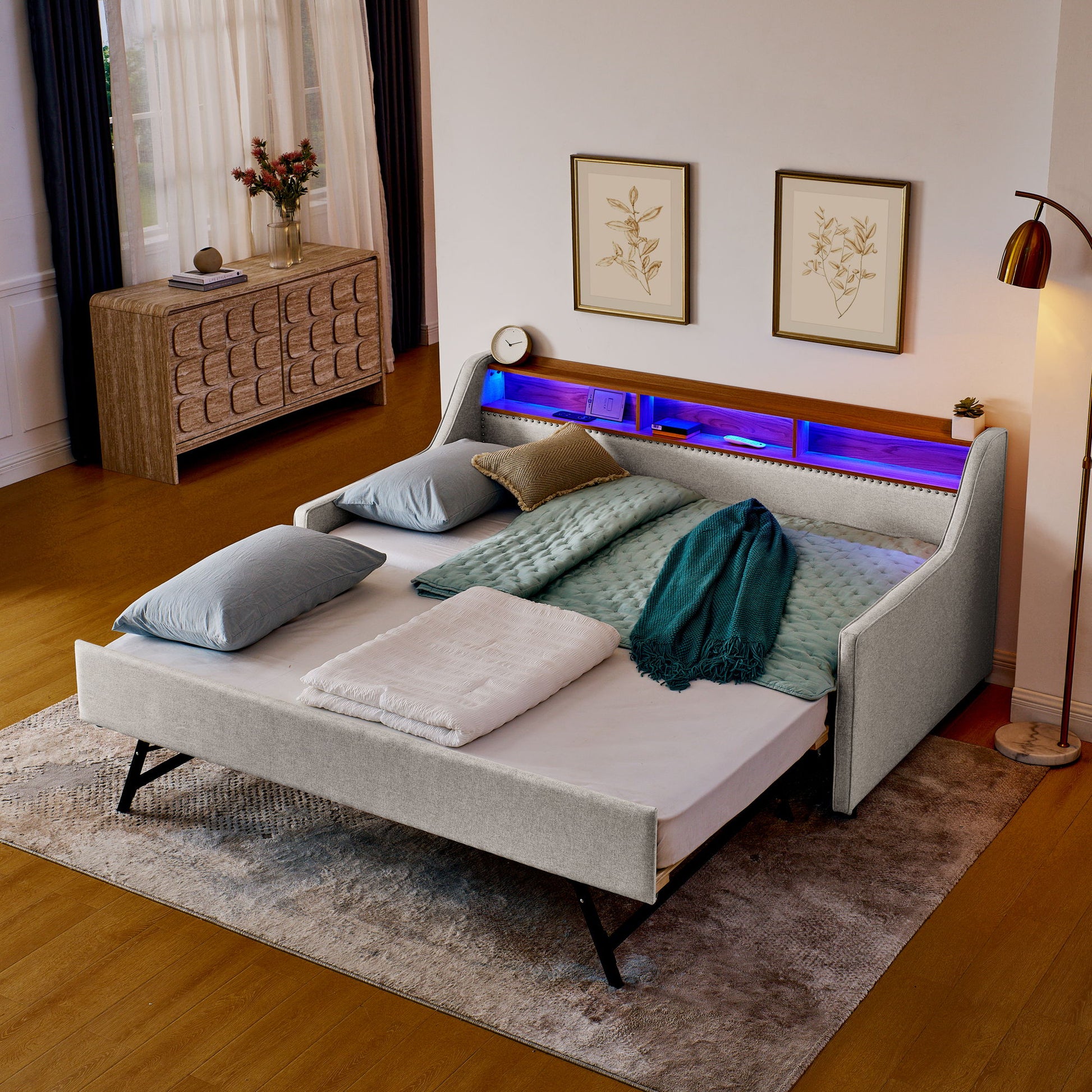Upholstered Sofa Bed With LED Lights, Storage Headboard, Foldable Trundle & Wireless Charging - The Sleep Loft - Online Mattress Showroom NYC