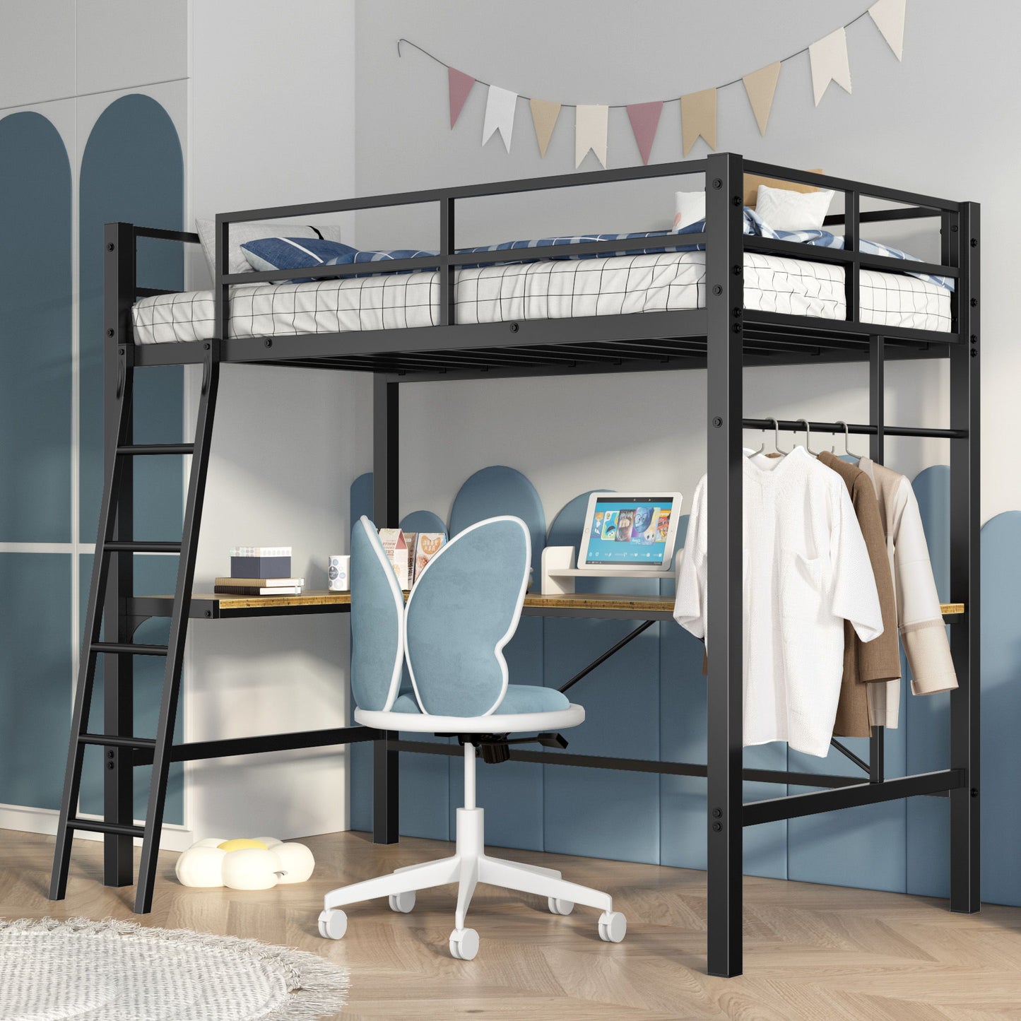 Twin Metal Loft Bed With L - Shaped Desk, Charging Station Loft Bed Frame Twin Size, Safety Guard & Ladder, No Box Spring Needed - Black - The Sleep Loft - Online Mattress Showroom NYC