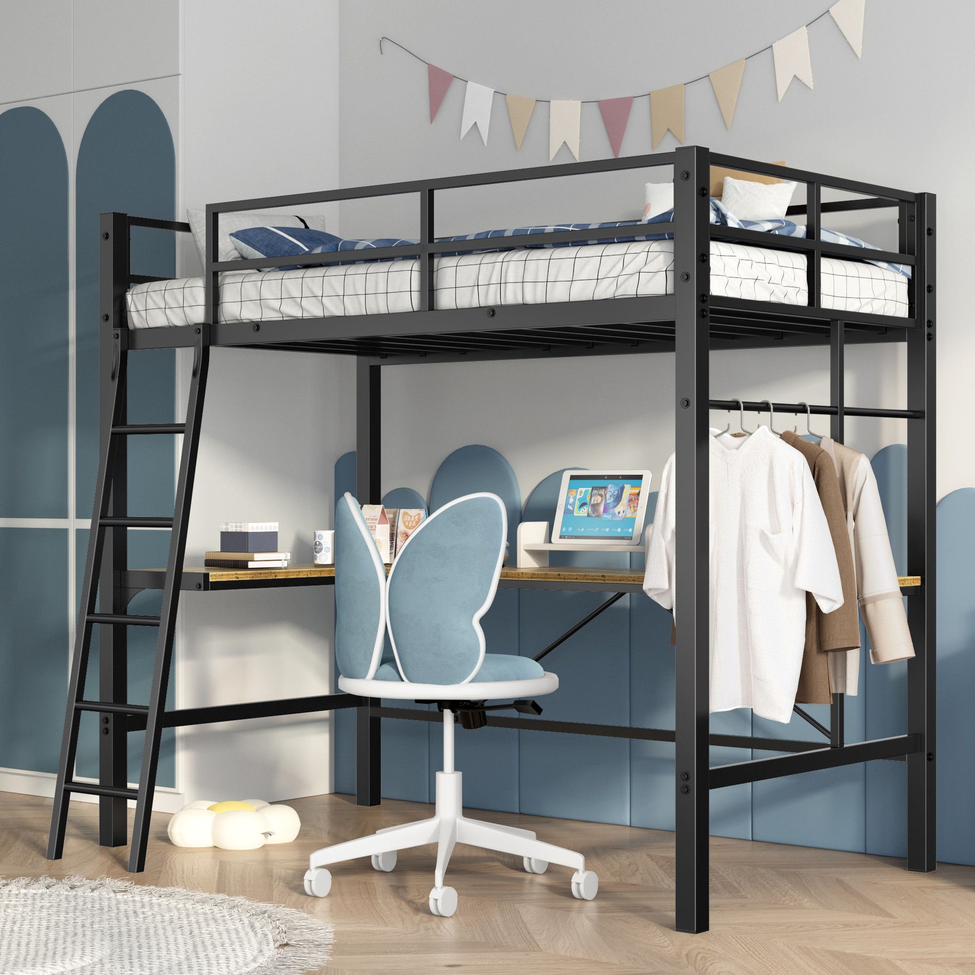 Twin Metal Loft Bed With L - Shaped Desk, Charging Station Loft Bed Frame Twin Size, Safety Guard & Ladder, No Box Spring Needed - Black - The Sleep Loft - Online Mattress Showroom NYC