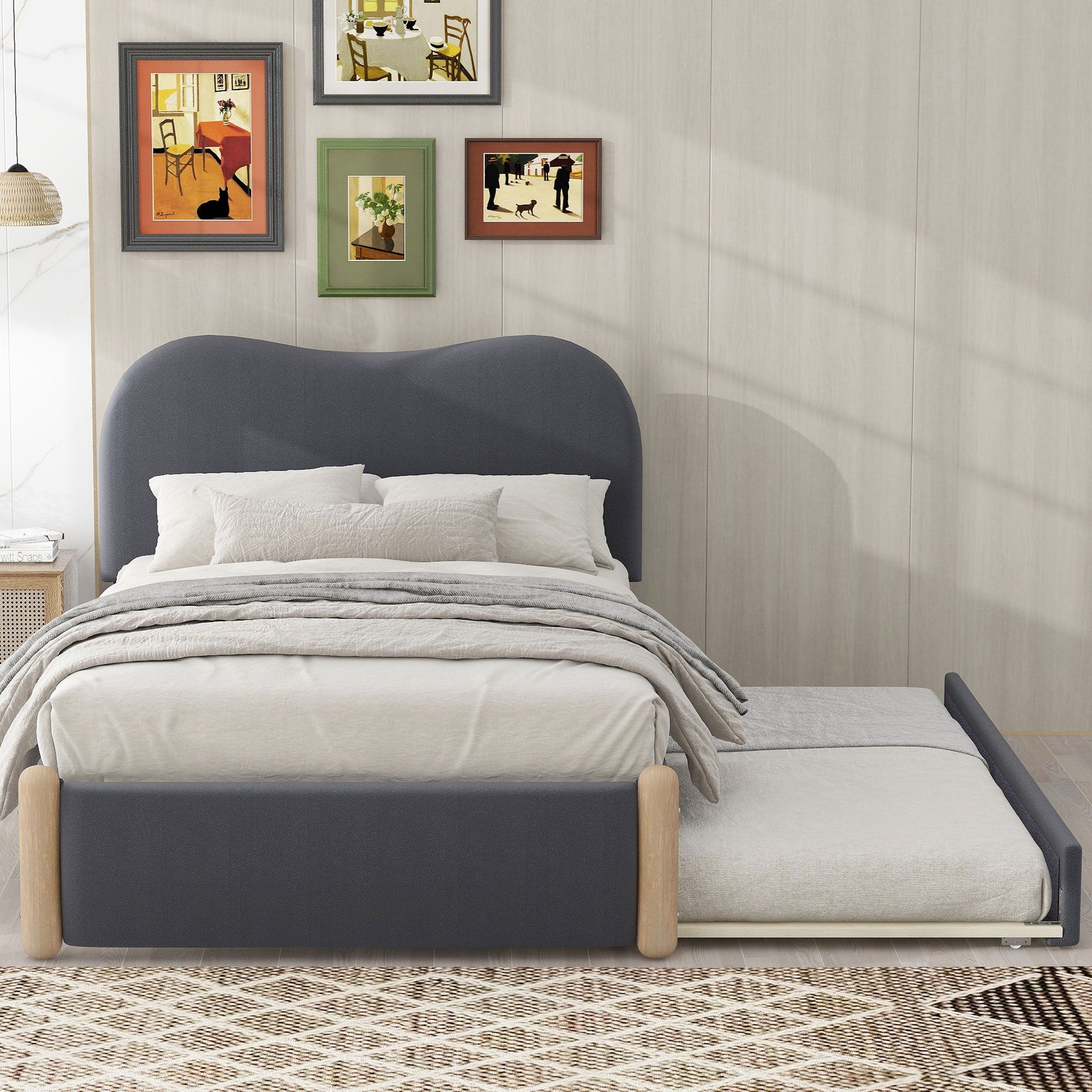 Upholstered Platform Bed With Wood Supporting Feet And Trundle - The Sleep Loft - Online Mattress Showroom NYC