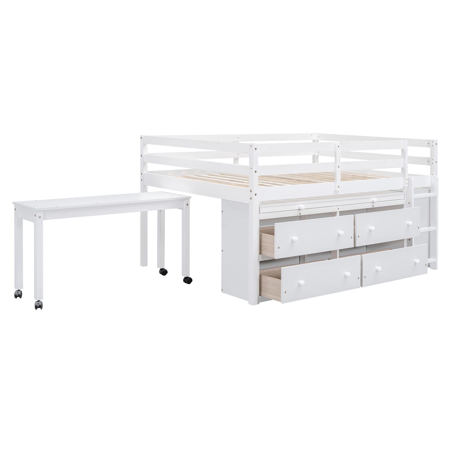 Loft Bed With Retractable Writing Desk And 4 Drawers, With Lateral Portable Desk And Shelves - The Sleep Loft - Online Mattress Showroom NYC