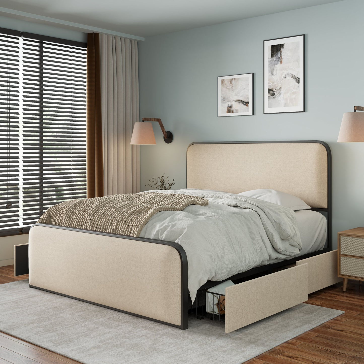 Modern Bed With Curved Upholstered Headboard And Footboard, Heavy Duty Metal Slats - The Sleep Loft - Online Mattress Showroom NYC