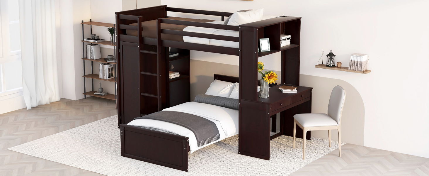 Loft Bed With A Stand Alone Bed, Shelves, Desk, And Wardrobe - The Sleep Loft - Online Mattress Showroom NYC