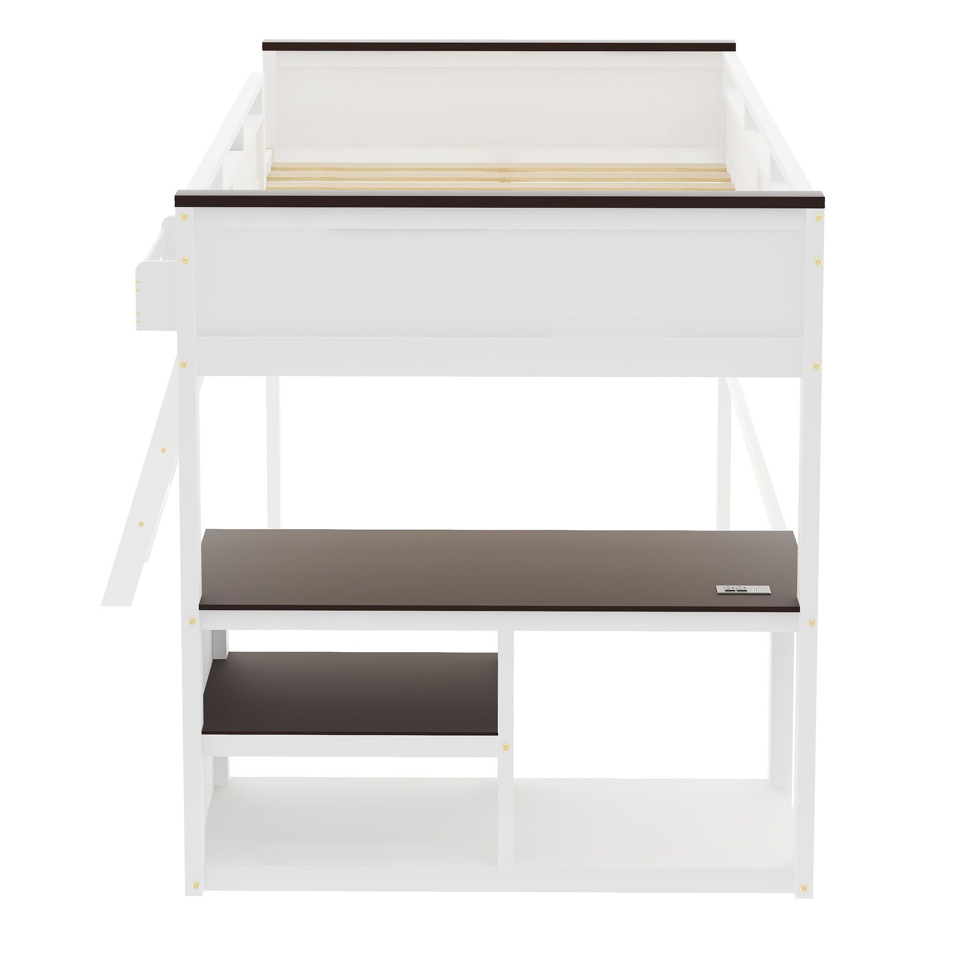 Queen Size Loft Bed With Desk, Open Shelf, Storage Box And USB Charging Station - White - The Sleep Loft - Online Mattress Showroom NYC
