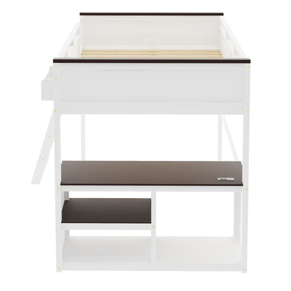 Queen Size Loft Bed With Desk, Open Shelf, Storage Box And USB Charging Station - White - The Sleep Loft - Online Mattress Showroom NYC