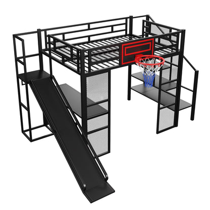Loft Bed With Built In Desk, Open Wardrobe, Basketball Hoop, Slide And Staircase - The Sleep Loft - Online Mattress Showroom NYC