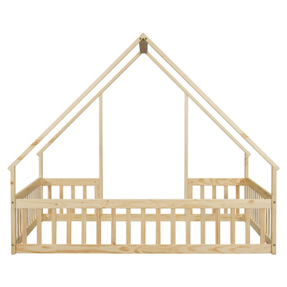 Wood House-Shaped Floor Bed With Fence, Guardrails - The Sleep Loft - Online Mattress Showroom NYC