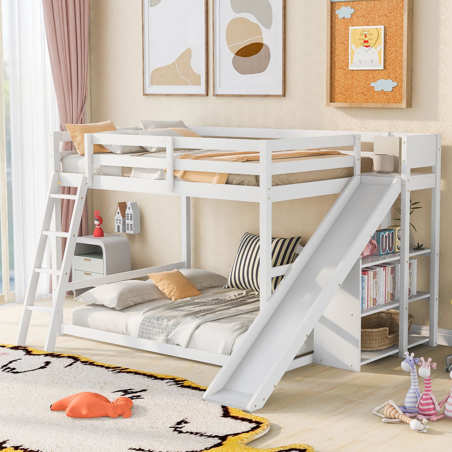 Bunk Bed With Ladder, Slide, And Shelves Pine Wood - The Sleep Loft - Online Mattress Showroom NYC