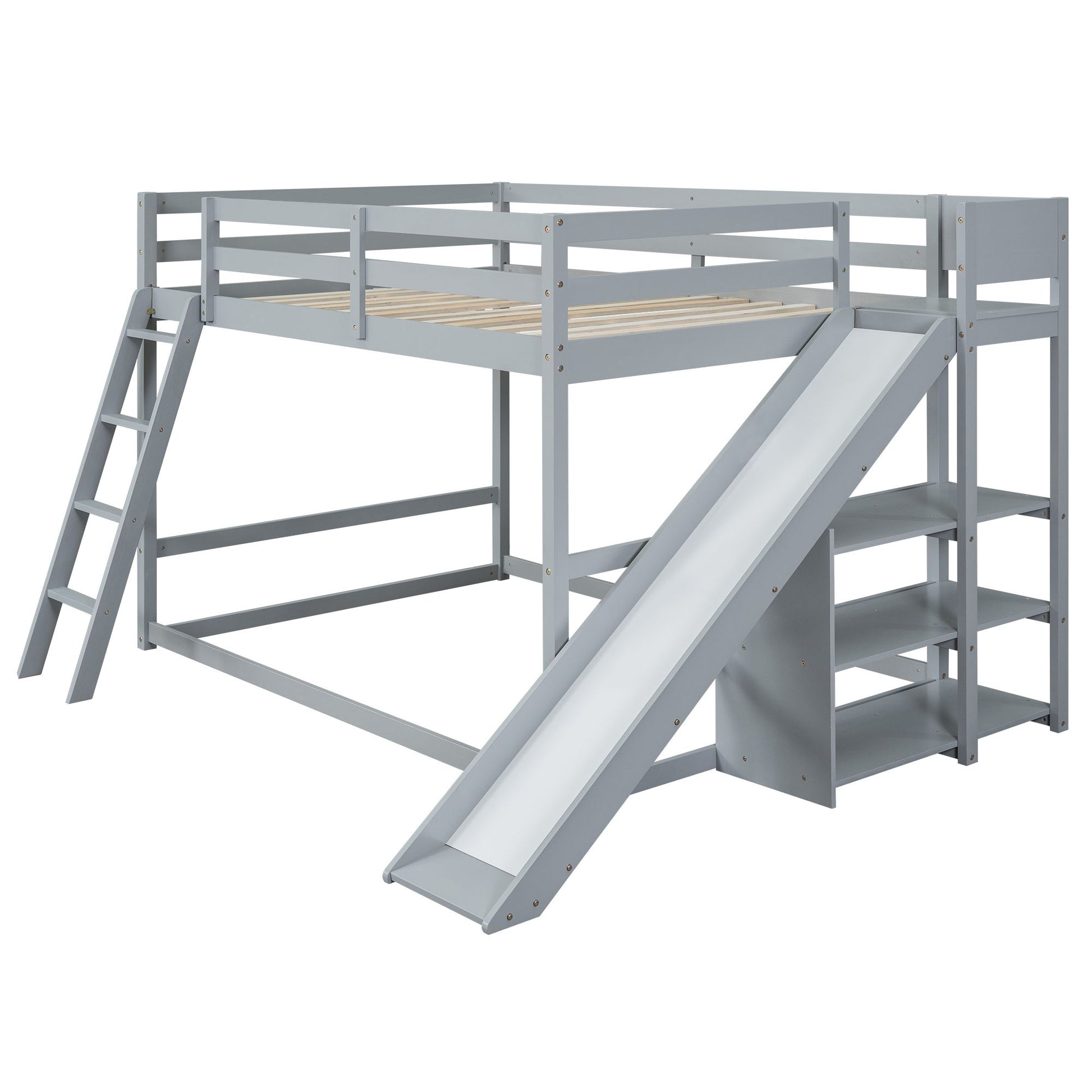 Bunk Bed With Ladder, Slide, And Shelves Pine Wood - The Sleep Loft - Online Mattress Showroom NYC