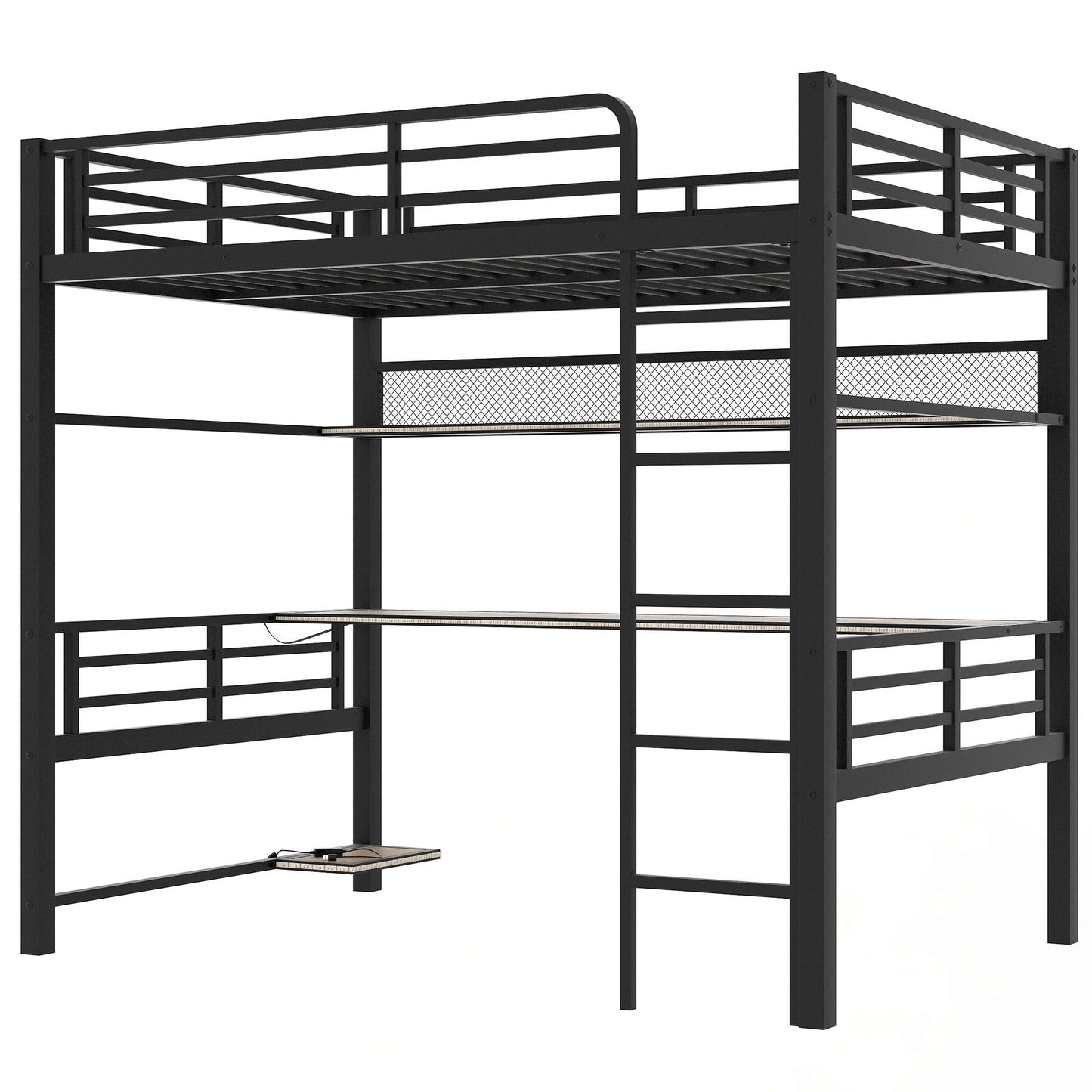 Full Size Loft Bed Frame With Storage Shelf And LED Light - Black - The Sleep Loft - Online Mattress Showroom NYC