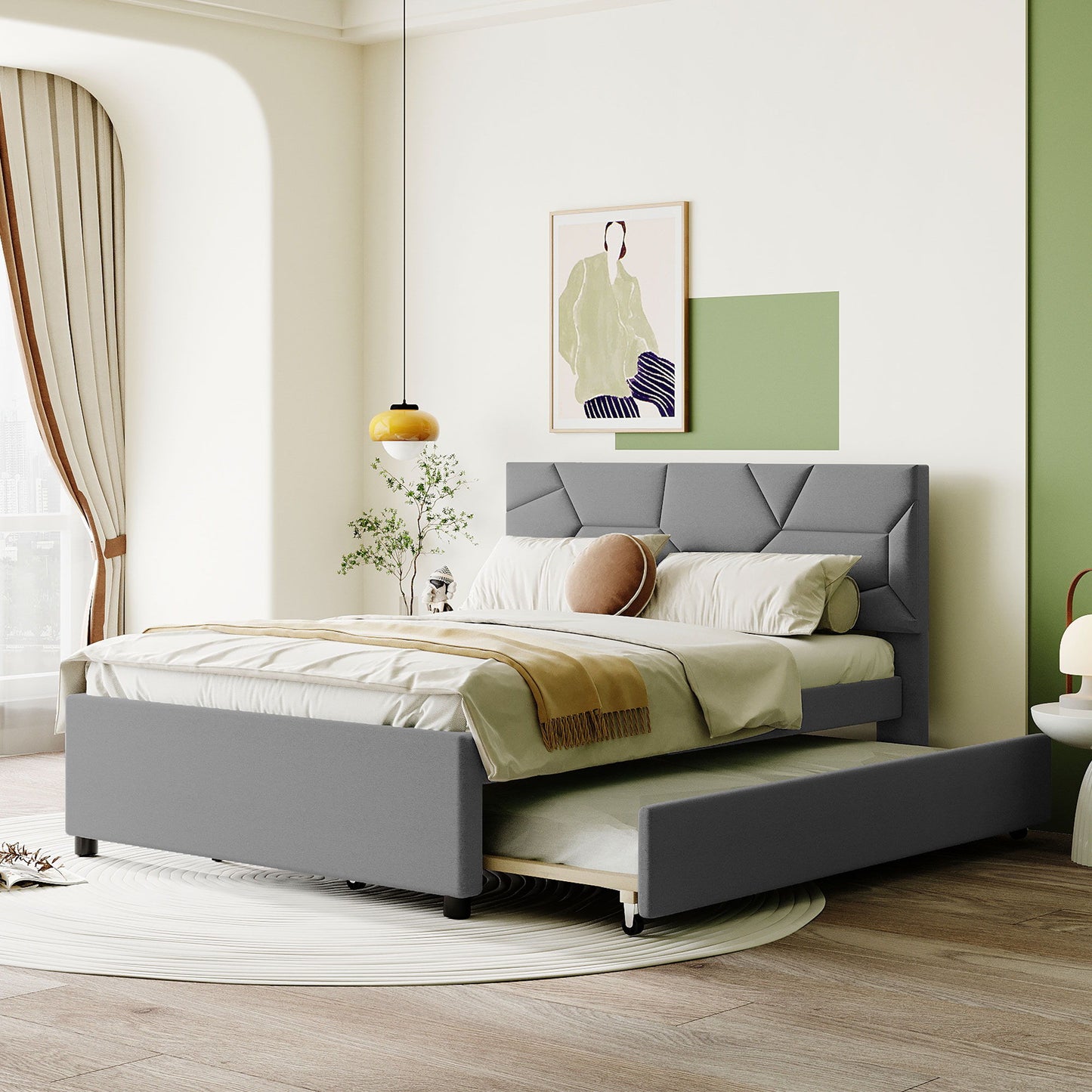 Upholstered Platform Bed With Brick Pattern Headboard And Twin Long Size Trundle - The Sleep Loft - Online Mattress Showroom NYC