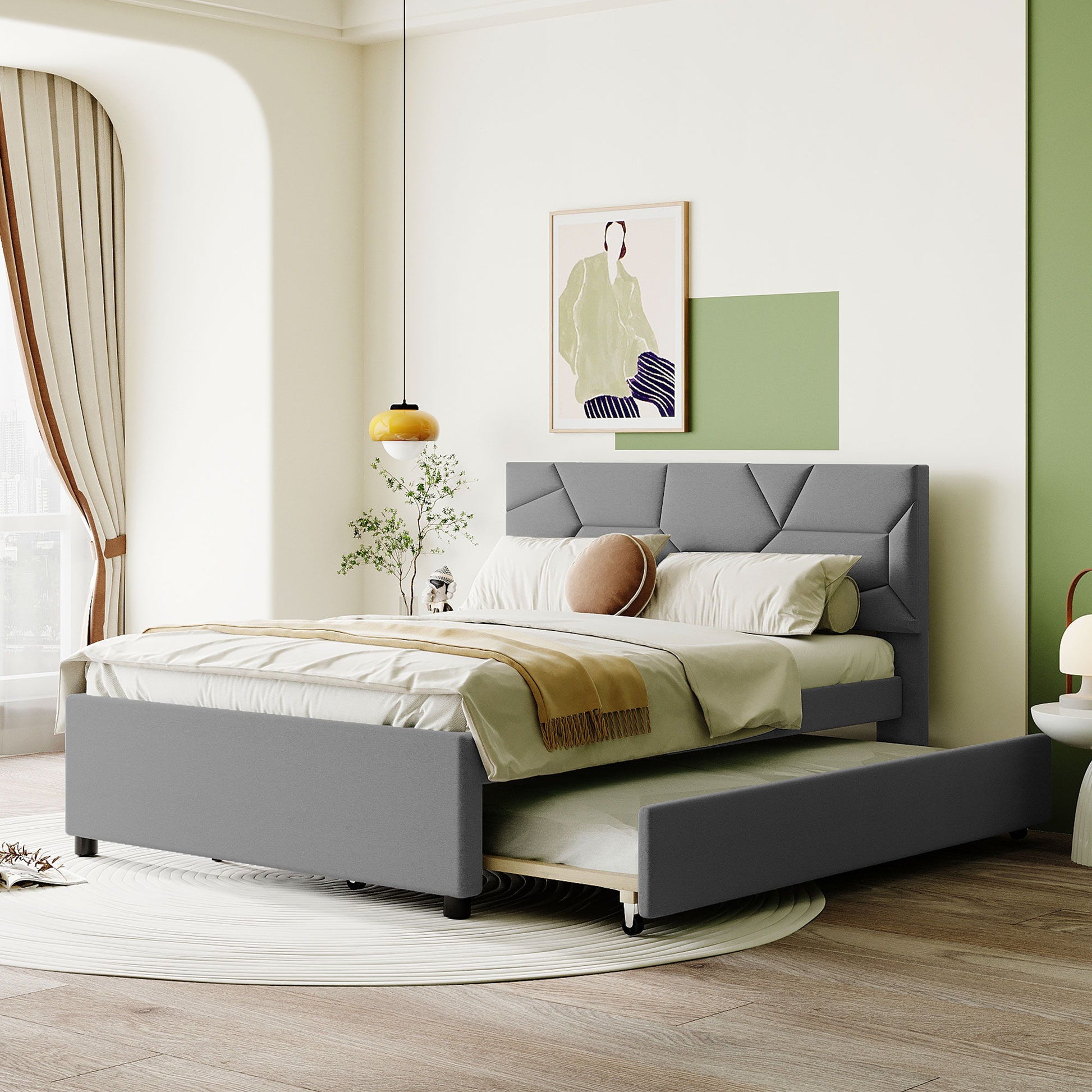 Upholstered Platform Bed With Brick Pattern Headboard And Twin Long Size Trundle - The Sleep Loft - Online Mattress Showroom NYC