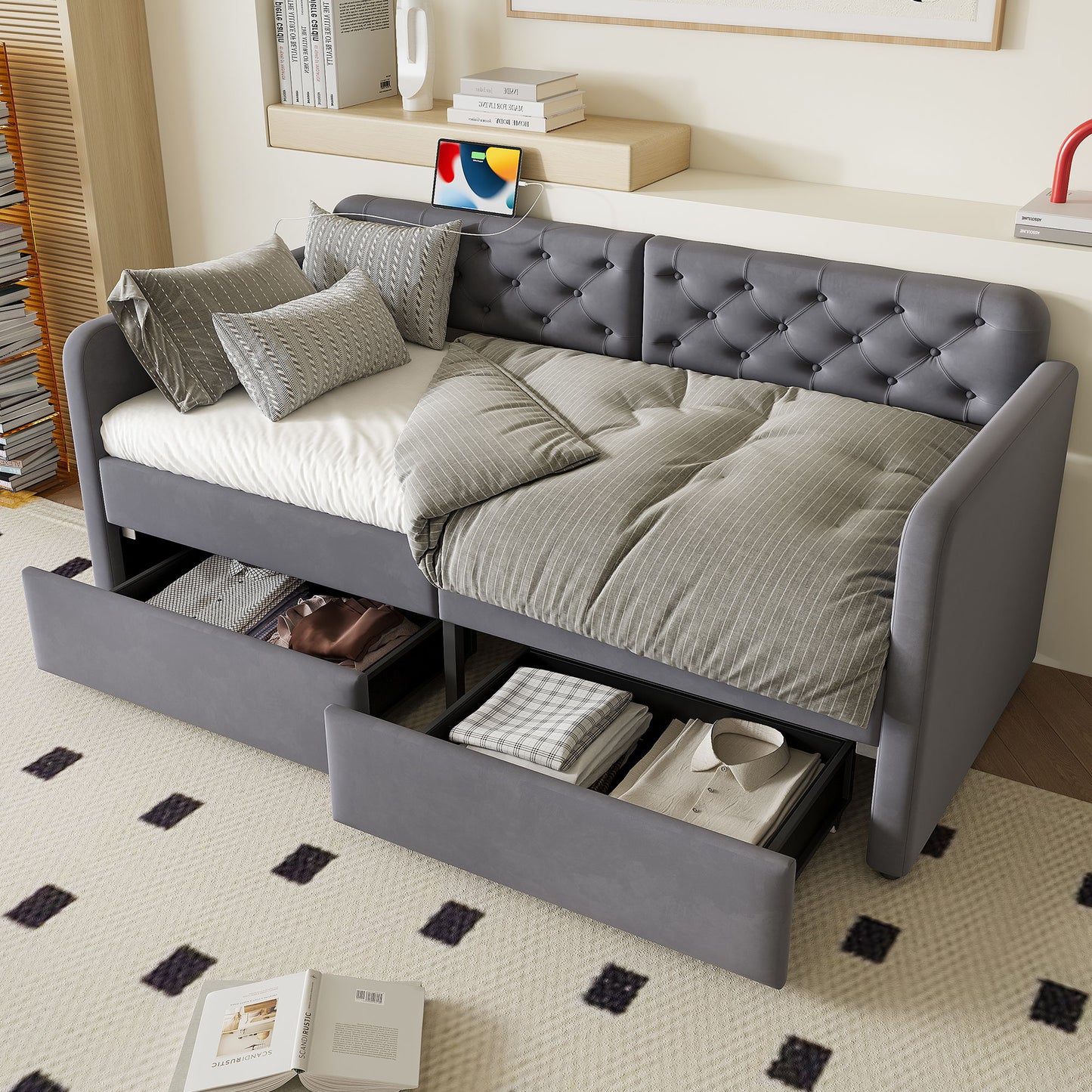 Twin Size Upholstered Daybed With 2 Storage Drawers And USB Charging Design - Gray - The Sleep Loft - Online Mattress Showroom NYC