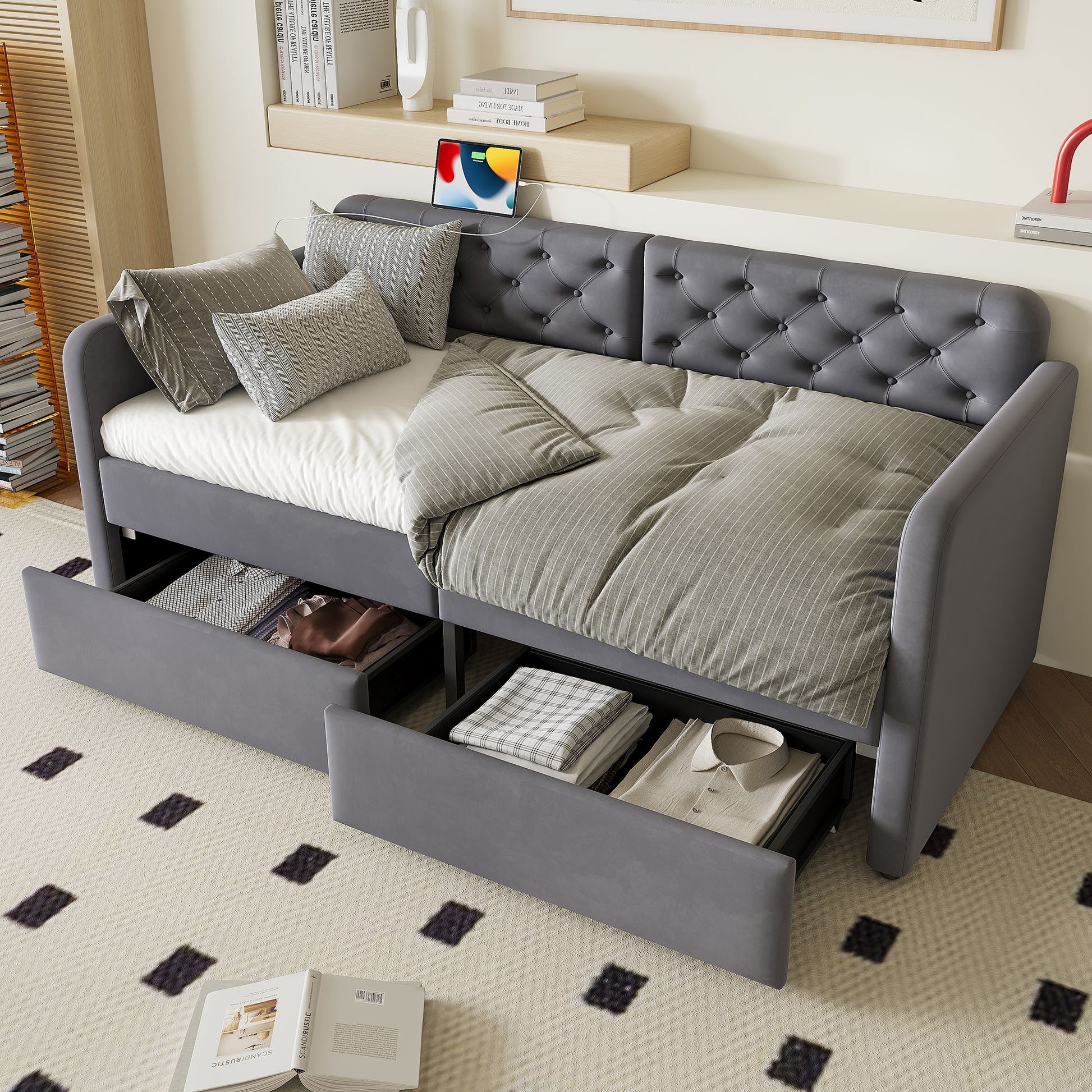 Twin Size Upholstered Daybed With 2 Storage Drawers And USB Charging Design - Gray - The Sleep Loft - Online Mattress Showroom NYC