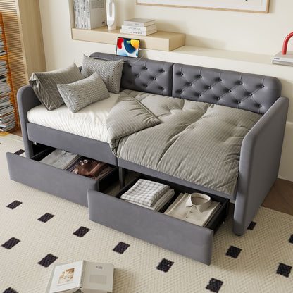 Twin Size Upholstered Daybed With 2 Storage Drawers And USB Charging Design - Gray - The Sleep Loft - Online Mattress Showroom NYC