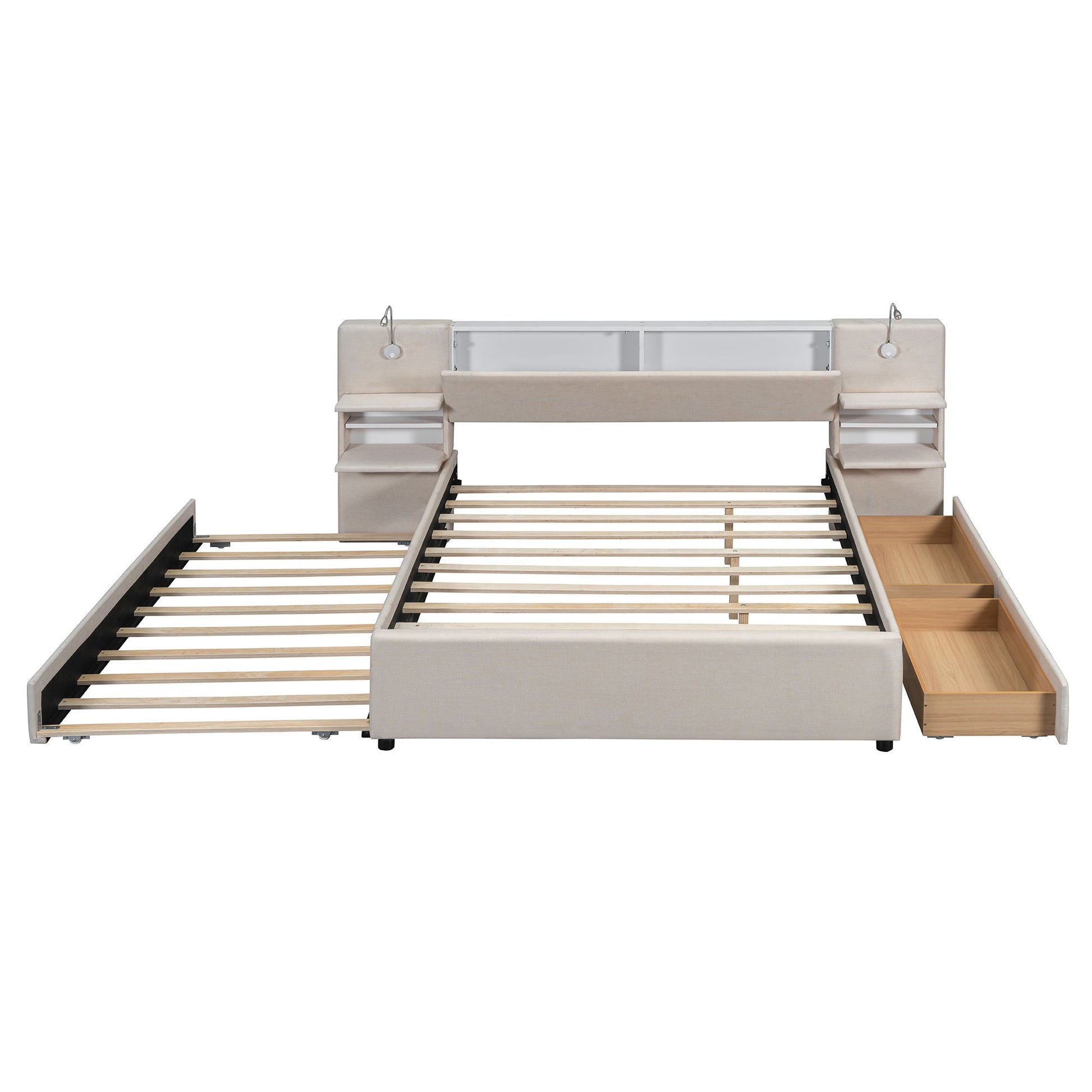 Upholstered Platform Bed With Reading Lights, Drawers, Trundle And Shelves - The Sleep Loft - Online Mattress Showroom NYC