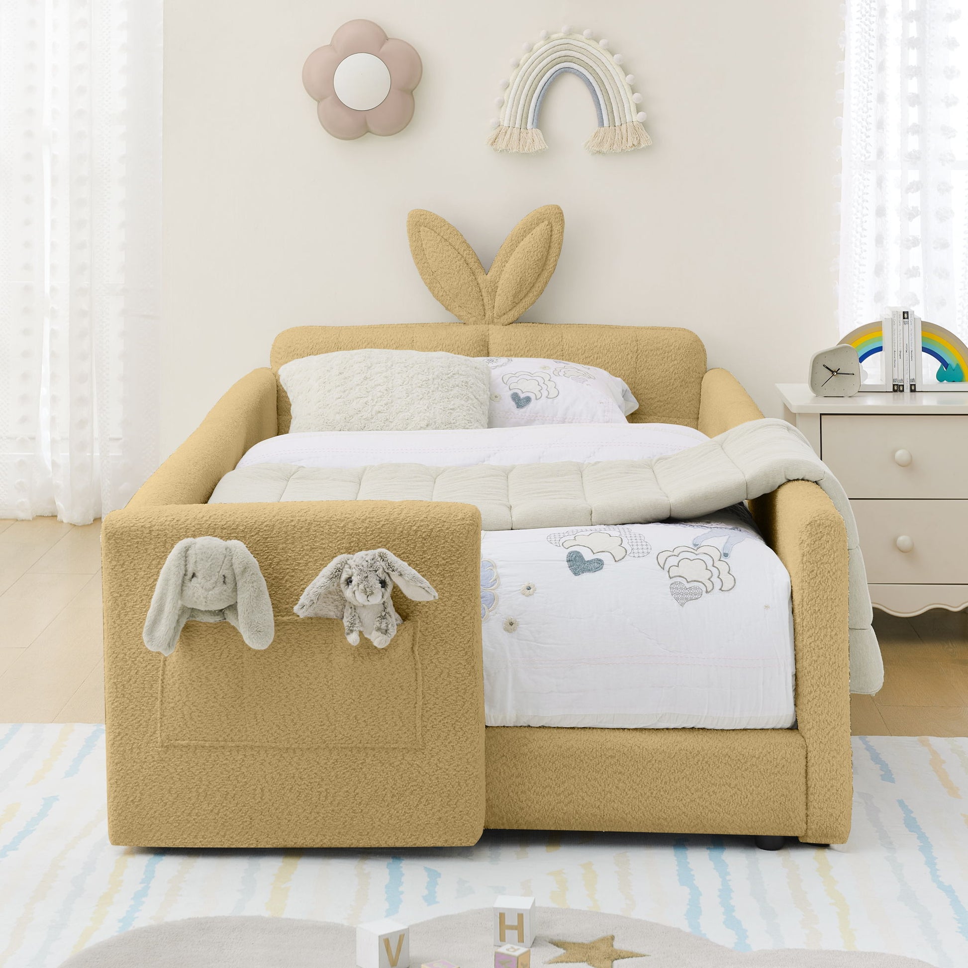 Cute Rabbit Ear Upholstered Platform Bed Frame With Safety Rail - The Sleep Loft - Online Mattress Showroom NYC