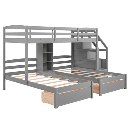 Twin Over Twin & Twin Bunk Bed With Drawers, Staircase Storage, Built In Shelves - Gray - The Sleep Loft - Online Mattress Showroom NYC