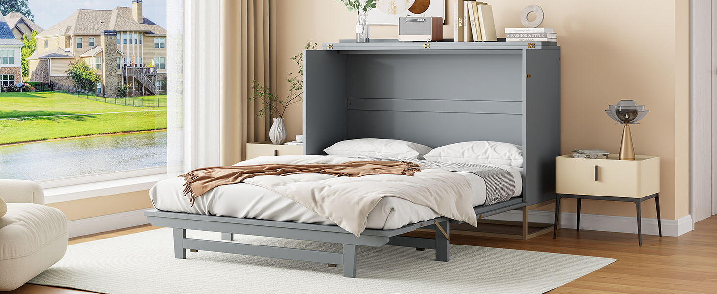 Murphy Bed With Frosted Glass Doors Design, Fake Drawers, Metal Legs - The Sleep Loft - Online Mattress Showroom NYC