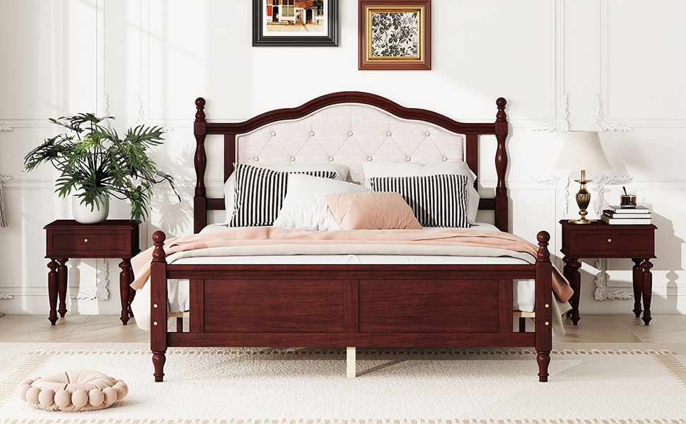 Pine Wooden Bed With Upholstered Headboard And Panel Footboard, With Two Bed Rail Support Feet And Central Platform Support Feet - The Sleep Loft - Online Mattress Showroom NYC